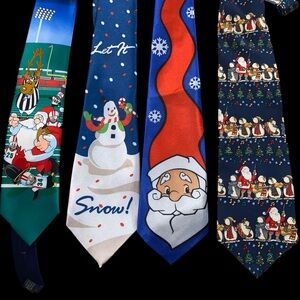 LOT of 4 Holiday Men's Necktie CHRISTMAS Snow  FOOTBALL SANTA Reindeer Player